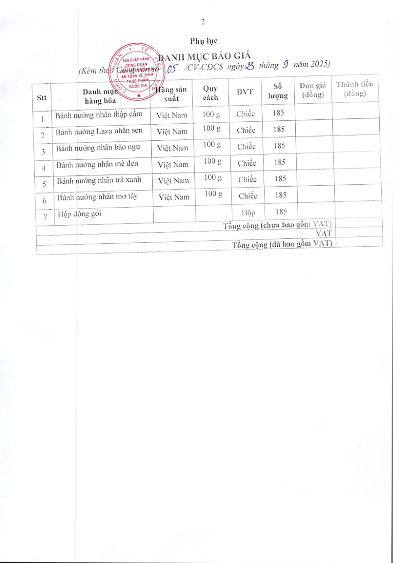 Công văn số 05 xin báo giá bánh trung thu 2025-2